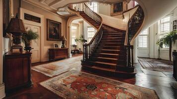 Elegant and Ornate Interior of a Prestigious Historical Mansion with Grandiose Staircase and Luxurious Furnishings photo