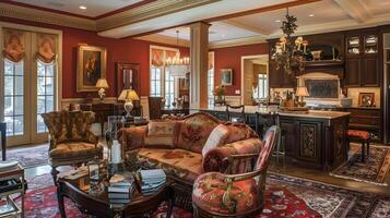 Elegant and Ornate Living Room Interior with Antique Furniture and Decor in Luxurious Traditional Style photo