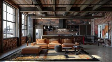 Cozy and inviting industrial-style loft living room with exposed brick walls,wooden beams,and modern furniture photo