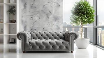 elegante y sofisticado gris copetudo sofá en brillante y minimalista vivo habitación con lozano en conserva planta y grande ventana foto