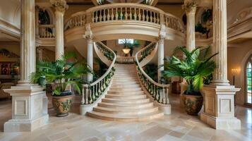 elegante y majestuoso lujo mansión Entrada salón con florido mármol escalera y dorado decoración foto