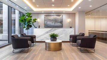 Elegant and Sophisticated Corporate Lobby with Marble Accents and Lush Greenery photo