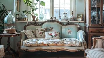 elegante y acogedor de inspiración vintage vivo espacio con antiguo mobiliario y floral decoración foto