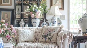 Cozy and Elegant Living Room Interior with Floral Decor and Vintage Furnishings photo