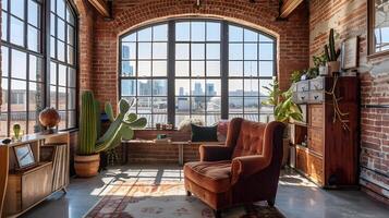 Cozy and Inviting Loft-Style Apartment with Brick Walls and City Skyline View photo