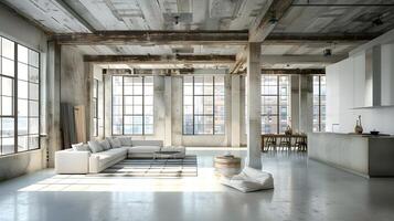 elegante estilo industrial desván Departamento con rústico encanto y contemporáneo mobiliario foto