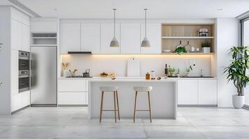 elegante y funcional moderno cocina con pulcro gabinetes y amplio espacio de trabajo foto