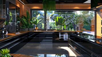 hermosamente diseñado contemporáneo cocina con lozano tropical jardín fondo para inspirador culinario experiencias foto