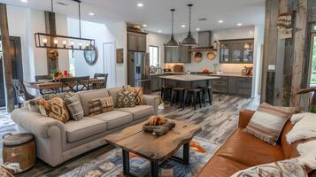 Cozy and Inviting Farmhouse-Inspired Open Concept Living Room and Kitchen Design photo