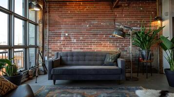 Cozy and Inviting Industrial-Style Living Room with Brick Wall,Large Window,and Lush Greenery Accents photo
