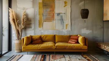 Cozy and Inviting Mustard-Hued Sofa in a Stylish Modern Living Space with Abstract Wall Decor photo