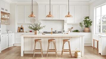 Bright and Airy Modern Farmhouse-Style Kitchen with Natural Wood Accents and Copper Pendant Lights photo