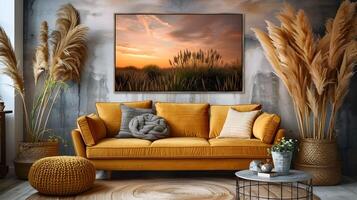 Cozy and Inviting Living Space with Rustic Decor and Warm Sunset Landscape Painting photo