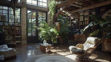 Cozy and Inviting Rustic Loft Living Room with Natural Sunlight and Lush Greenery Providing a Peaceful Retreat photo