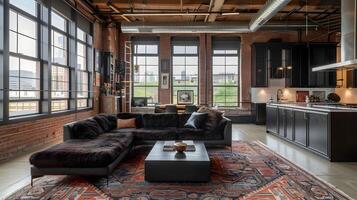 Cozy and Inviting Industrial-Style Loft Apartment with Modern Rustic Decor and Open Concept Layout photo