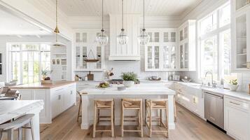 brillante y aireado moderno estilo granja cocina con de madera acentos y amplio mostrador espacio para Cocinando y entretenido foto