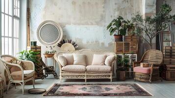 Cozy and Charming Vintage-Inspired Living Room with Warm Tones and Rustic Decor photo