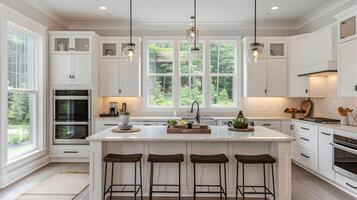 Bright and Spacious Modern Kitchen with Scenic Garden Vistas and Elegant Furnishings photo