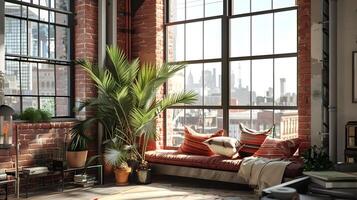 Cozy and Inviting Loft Apartment with City Skyline View and Stylish Furnishings photo