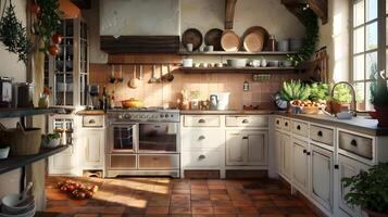 Cozy and Inviting Rustic Farmhouse Kitchen with Natural Wooden Accents and Vintage Cooking Utensils photo