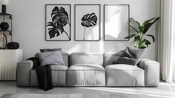 acogedor y contemporáneo vivo habitación con minimalista decoración y natural elementos foto