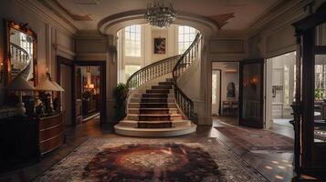 asombroso Entrada de un magnífico histórico mansión con florido espiral escalera y elegante decoración foto