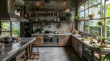 acogedor y funcional rústico industrial cocina con abundante decoración y almacenamiento foto