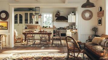 acogedor y atractivo estilo rústico cocina y vivo habitación en un pintoresco casa de Campo interior foto