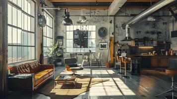 acogedor y creativo industrial desván espacio de trabajo con Clásico mobiliario y moderno tecnología accesorios foto
