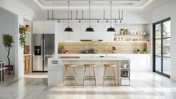 Bright and Modern Open Concept Kitchen with Wooden Accents and Stainless Steel Appliances in Contemporary Home or Apartment Interior photo