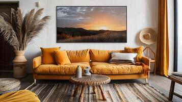 Breathtaking Sunset Over Serene Rural Meadow with Dramatic Clouds and Warm Golden Light photo