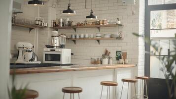 Bright and Cozy Kitchen Interior with Shelves,Appliances,and Decor Elements photo