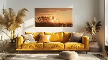 Cozy and Inviting Living Room with Plush Yellow Velvet Sofa and Tropical Painting photo