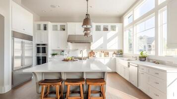 brillante y espacioso moderno cocina con pulcro accesorios y elegante comida zona foto