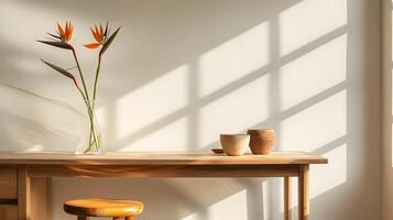 Warm and Inviting Minimalist Home Interior with Floral Centerpiece and Natural Lighting photo