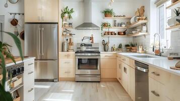 brillante y aireado moderno estilo granja cocina con de madera acentos y verdor foto