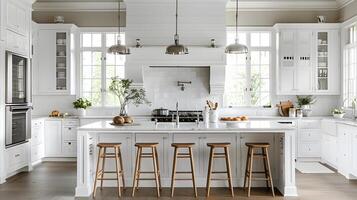 Bright and Airy Luxury Kitchen with Sleek White Cabinetry,Marble Countertops,and Pendant Lighting photo