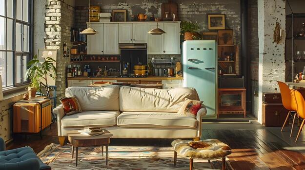 Cozy and Eclectic Urban Loft with Vibrant Retro Appliance and Rustic Decor Elements photo