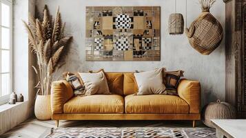 Cozy and Inviting Boho-Inspired Living Room with Plush Sofa,Wall Art,and Natural Textured Accents photo