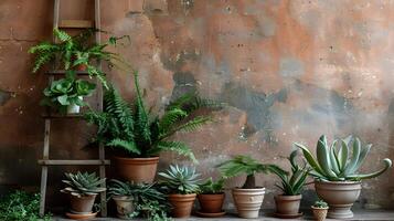 Lush Indoor Greenery Display on Rustic Ceramic Shelves Against Textured Wall photo