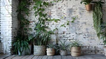 Lush Greenery Adorning a Cozy Brick Wall in a Modern Home Decor Setting photo