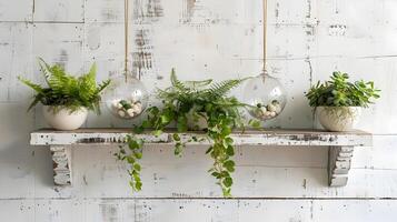 Beautifully Curated Greenery Display on a Rustic Wooden Shelf in a Peaceful and Cozy Interior Setting photo