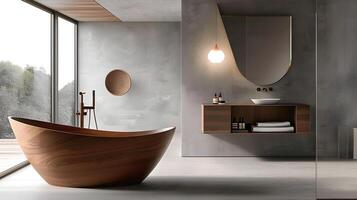 Elegant and Serene Wooden Bathtub in a Minimalist Bathroom Sanctuary Offering Tranquility and Relaxation photo