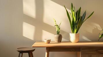 elegante interior planta decoración con natural Encendiendo y de madera mueble creando un sereno, moderno atmósfera foto