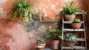 Lush greenery adorns weathered rustic shelves in cozy indoor setting photo