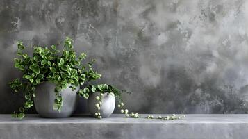 Lush Green Foliage Arrangement in Modern Concrete Vases on Gray Concrete Surface photo