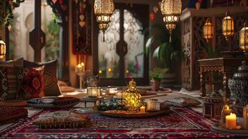 Cozy and Enchanting Moroccan-Inspired Interior with Ornate Lanterns, Rugs, and Plush Furnishings photo