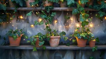 Cozy Indoor Plant Display with Glowing String Lights on Rustic Wooden Shelves photo
