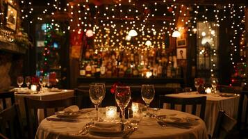 Intimate Dining Experience in Cozy Upscale Restaurant with Festive Lighting and Elegant Table Setting photo