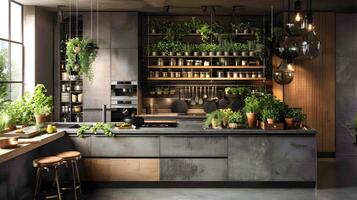 Cozy and Well-Equipped Modern Kitchen with Rustic Industrial Charm and Abundant Greenery photo